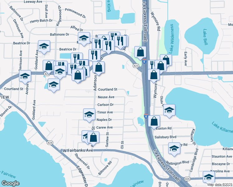 map of restaurants, bars, coffee shops, grocery stores, and more near 730 Courtland Street in Orlando