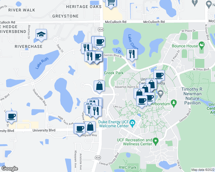map of restaurants, bars, coffee shops, grocery stores, and more near 4100 Greek Park Drive in Orlando