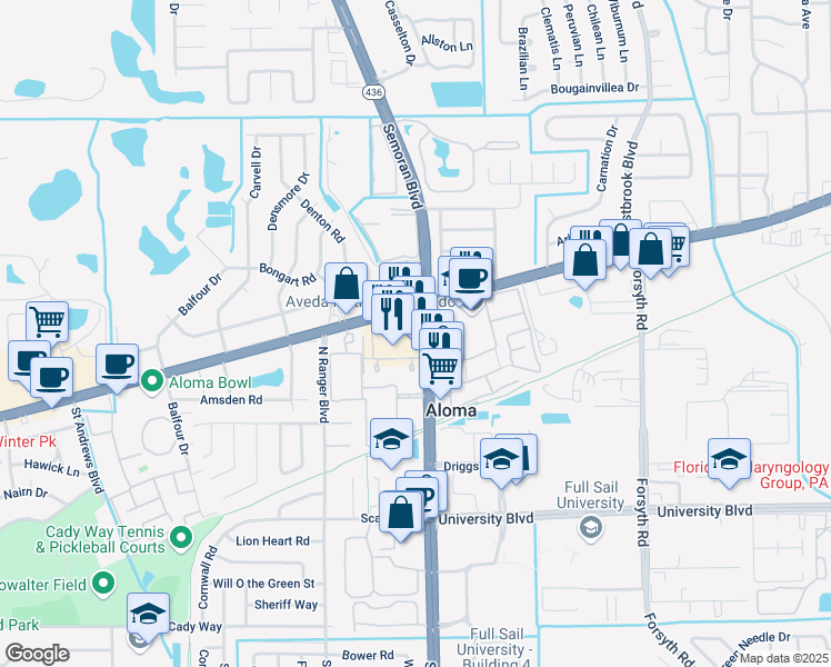 map of restaurants, bars, coffee shops, grocery stores, and more near 494 North Semoran Boulevard in Winter Park
