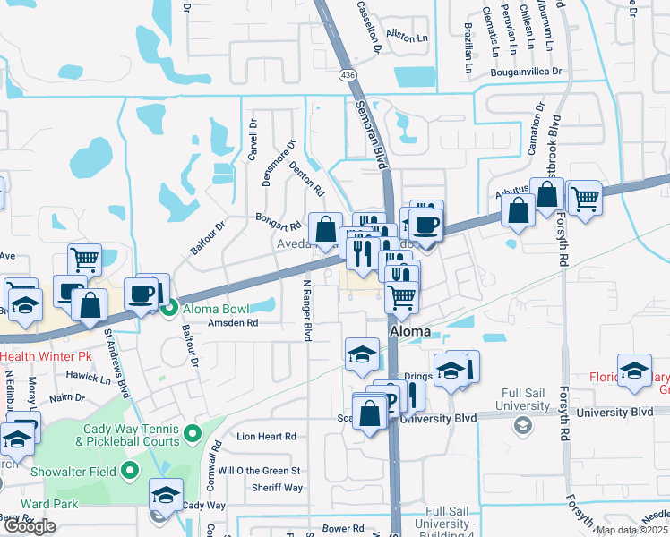 map of restaurants, bars, coffee shops, grocery stores, and more near 101 Jamestown Drive in Winter Park