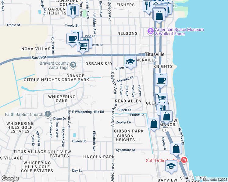 map of restaurants, bars, coffee shops, grocery stores, and more near 1046 South Deleon Avenue in Titusville