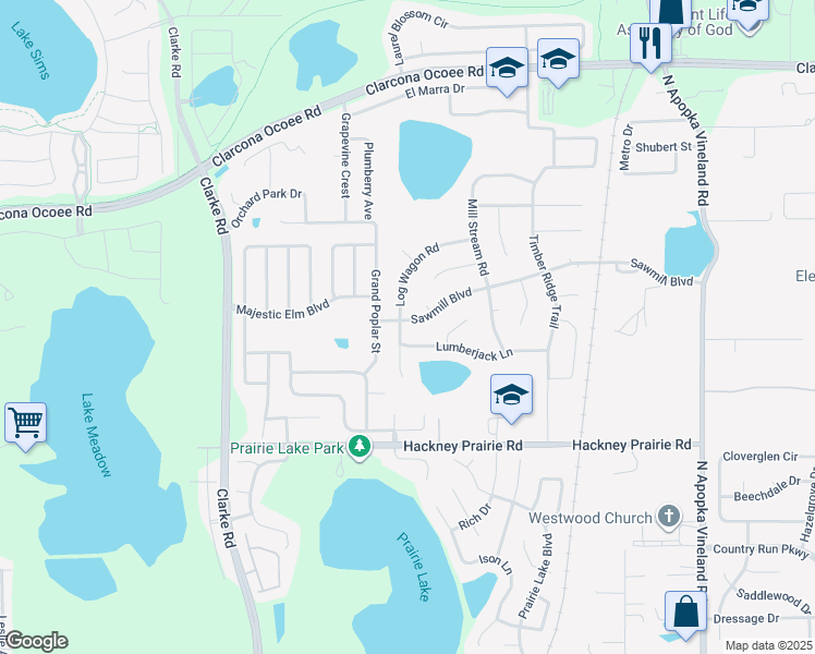 map of restaurants, bars, coffee shops, grocery stores, and more near 6701 Sawmill Boulevard in Ocoee