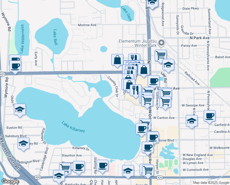 map of restaurants, bars, coffee shops, grocery stores, and more near 518 Country Club Drive in Winter Park