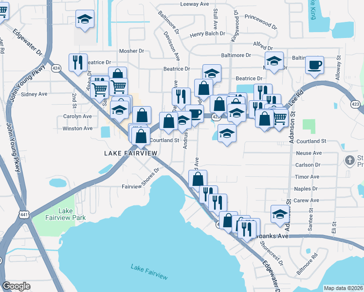map of restaurants, bars, coffee shops, grocery stores, and more near 4811 Davisson Avenue in Orlando