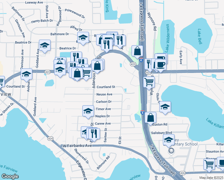 map of restaurants, bars, coffee shops, grocery stores, and more near 730 Courtland Street in Orlando
