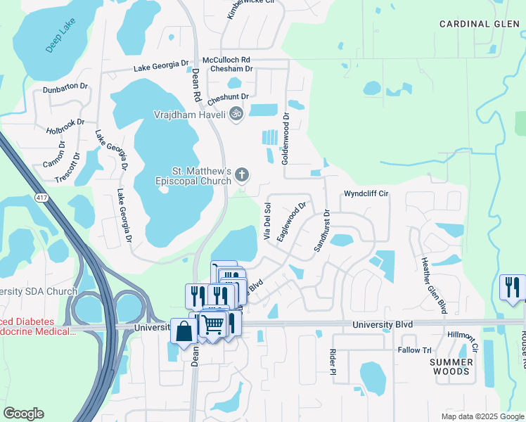 map of restaurants, bars, coffee shops, grocery stores, and more near 10485 Vía Del Sol in Orlando