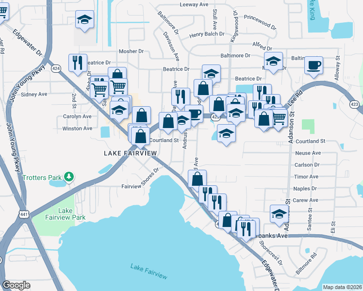 map of restaurants, bars, coffee shops, grocery stores, and more near 4811 Davisson Avenue in Orlando
