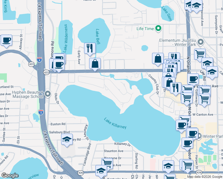 map of restaurants, bars, coffee shops, grocery stores, and more near 2157 Lake Bell Drive in Winter Park