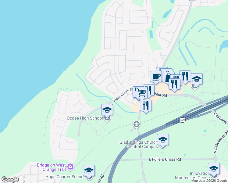 map of restaurants, bars, coffee shops, grocery stores, and more near 2325 Pesaro Circle in Ocoee