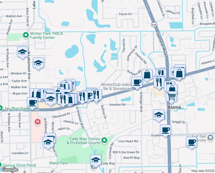 map of restaurants, bars, coffee shops, grocery stores, and more near 2619 Ambergate Road in Winter Park