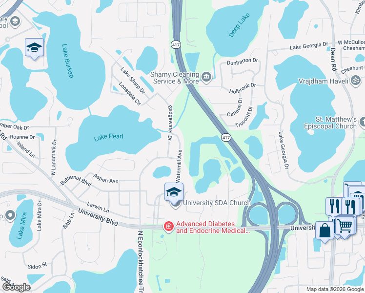 map of restaurants, bars, coffee shops, grocery stores, and more near 4401 Watermill Avenue in Orlando