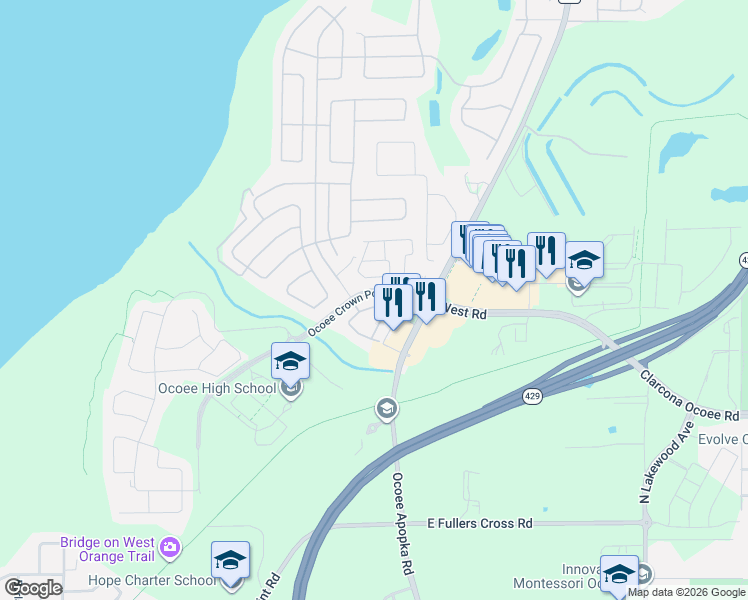 map of restaurants, bars, coffee shops, grocery stores, and more near 1688 Regal River Circle in Ocoee