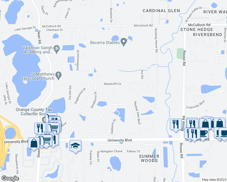 map of restaurants, bars, coffee shops, grocery stores, and more near 10612 Sandridge Court in Orlando