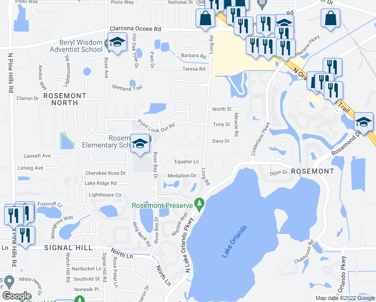 map of restaurants, bars, coffee shops, grocery stores, and more near 5025 Maui Circle in Orlando