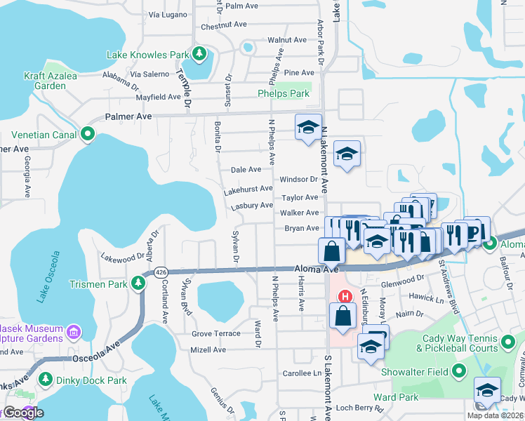 map of restaurants, bars, coffee shops, grocery stores, and more near 631 North Phelps Avenue in Winter Park