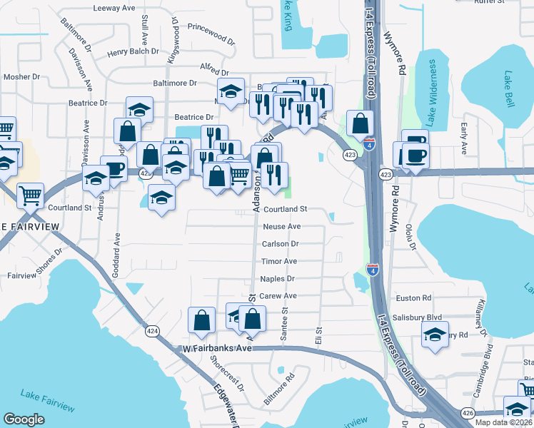 map of restaurants, bars, coffee shops, grocery stores, and more near 850 Courtland Street in Orlando