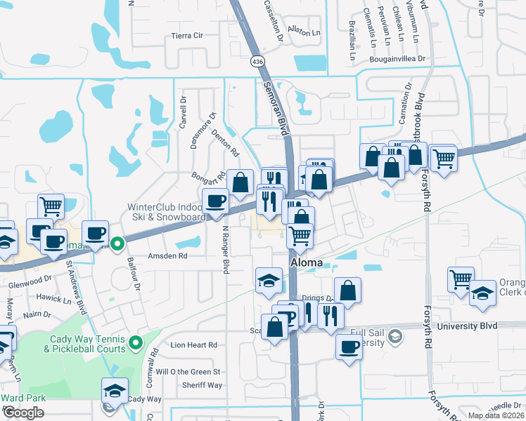 map of restaurants, bars, coffee shops, grocery stores, and more near 3048 Aloma Avenue in Winter Park