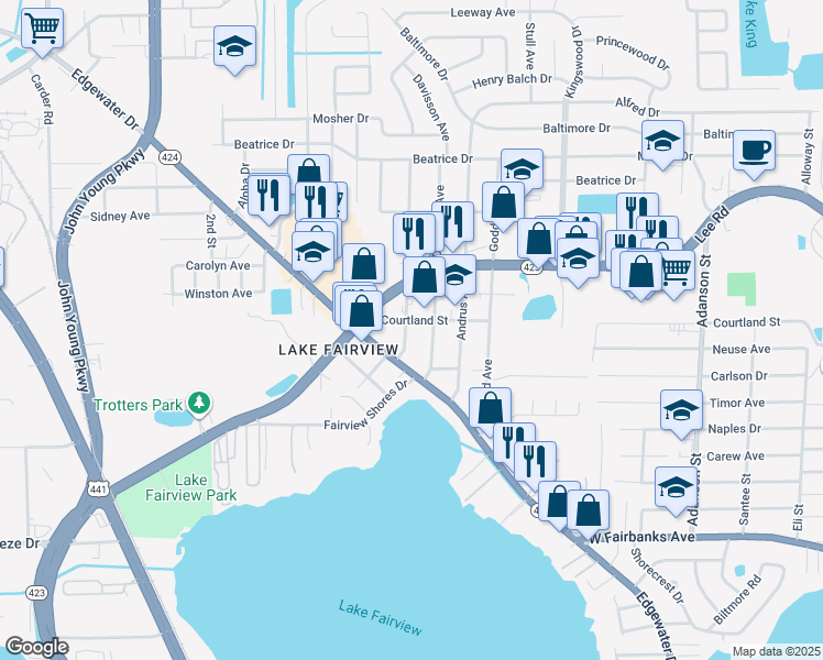 map of restaurants, bars, coffee shops, grocery stores, and more near 4815 Eggleston Avenue in Orlando