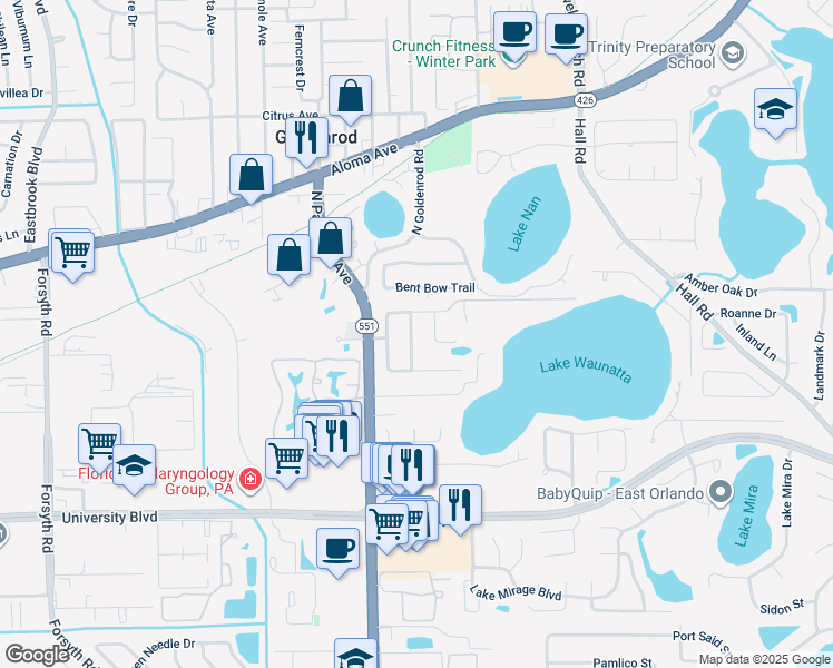 map of restaurants, bars, coffee shops, grocery stores, and more near 4435 Glenview Lane in Winter Park
