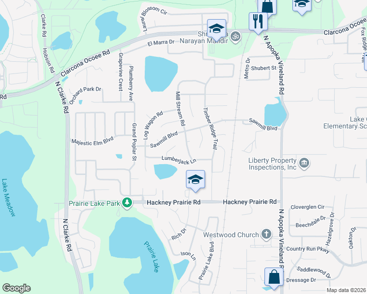 map of restaurants, bars, coffee shops, grocery stores, and more near 5020 Mill Stream Road in Ocoee