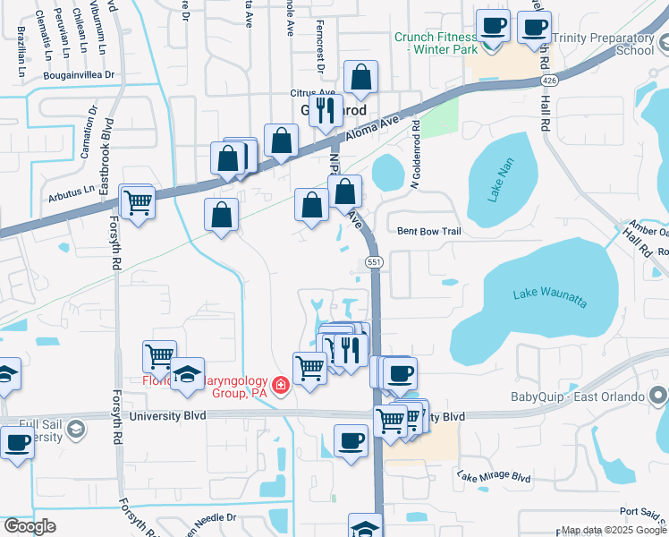 map of restaurants, bars, coffee shops, grocery stores, and more near 7490 Dwell Well Way in Winter Park