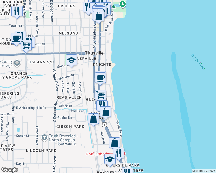 map of restaurants, bars, coffee shops, grocery stores, and more near 1110 Riverside Dr in Titusville