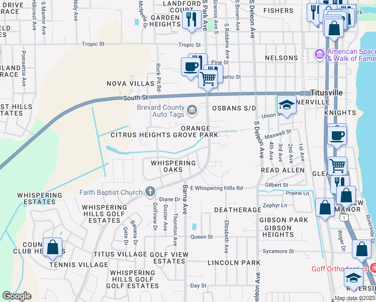 map of restaurants, bars, coffee shops, grocery stores, and more near 1516 Smith Drive in Titusville