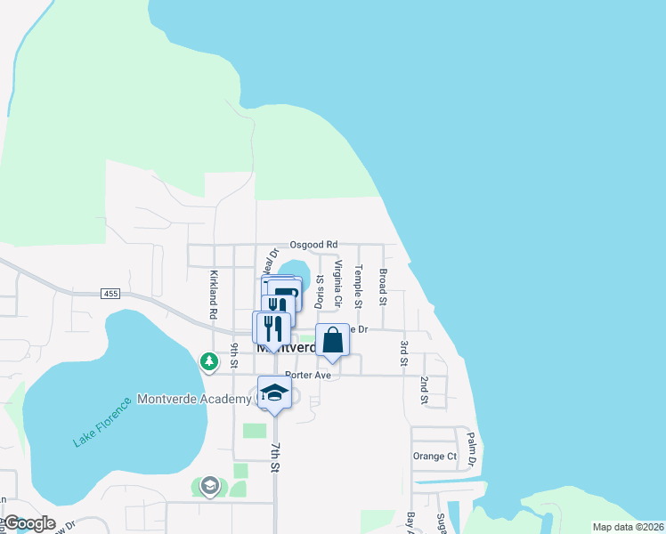 map of restaurants, bars, coffee shops, grocery stores, and more near 17643 Virginia Circle in Montverde