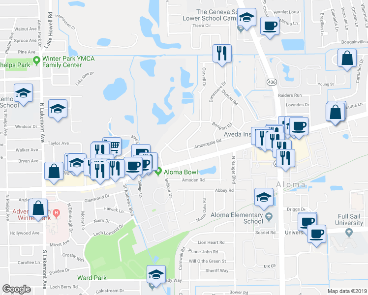 map of restaurants, bars, coffee shops, grocery stores, and more near 2631 Ambergate Road in Winter Park