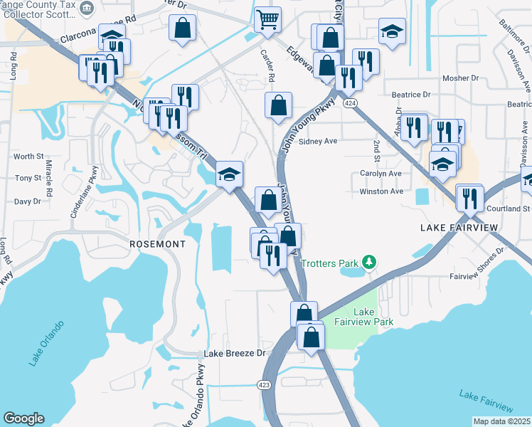 map of restaurants, bars, coffee shops, grocery stores, and more near 4949 North Orange Blossom Trail in Orlando