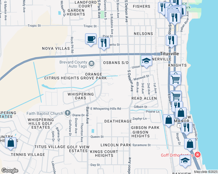 map of restaurants, bars, coffee shops, grocery stores, and more near 1021 South Park Avenue in Titusville