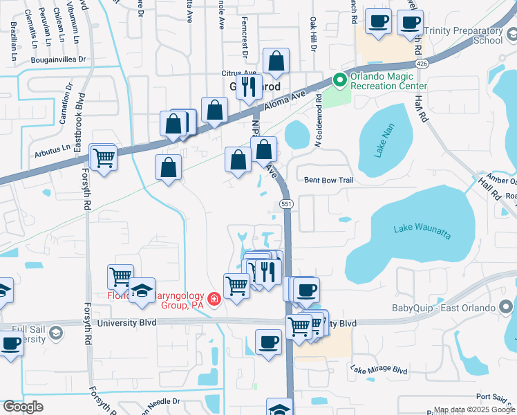 map of restaurants, bars, coffee shops, grocery stores, and more near 4490 North Goldenrod Road in Winter Park