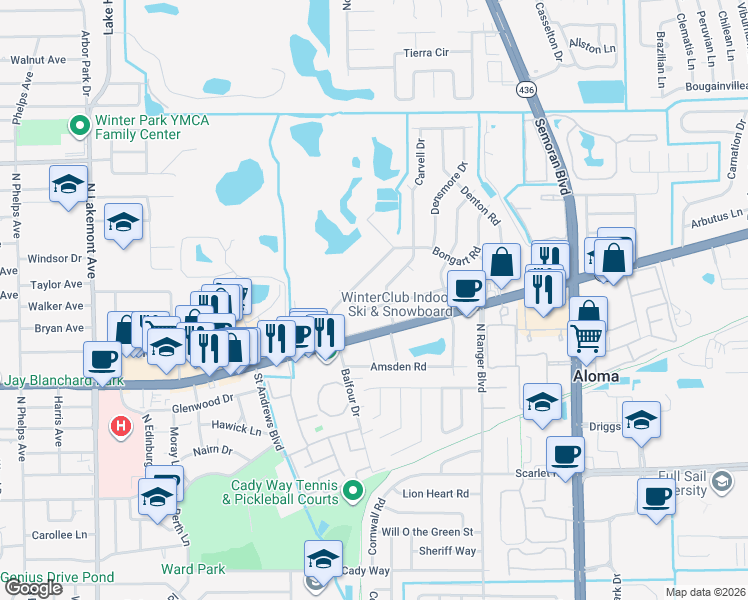 map of restaurants, bars, coffee shops, grocery stores, and more near 2619 Ambergate Road in Winter Park