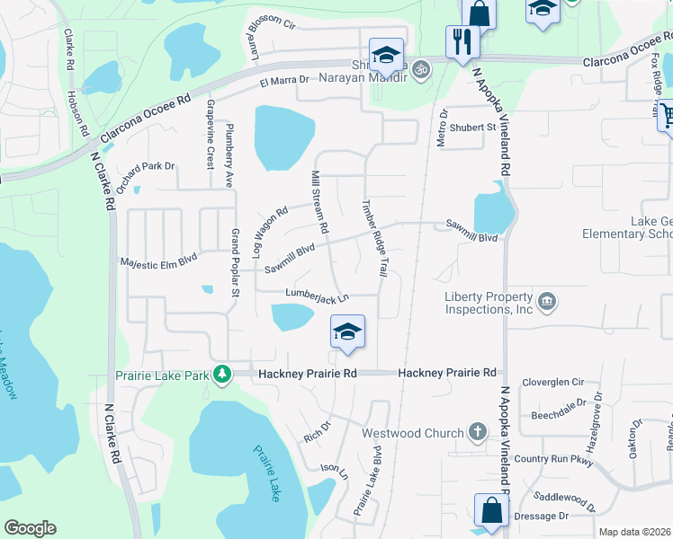 map of restaurants, bars, coffee shops, grocery stores, and more near 5020 Mill Stream Road in Ocoee