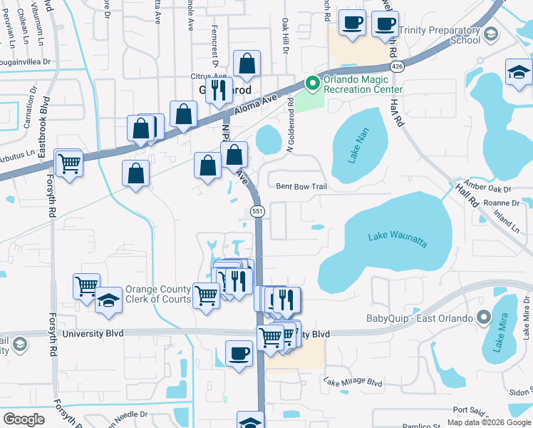 map of restaurants, bars, coffee shops, grocery stores, and more near 7634 Glenmoor Lane in Winter Park
