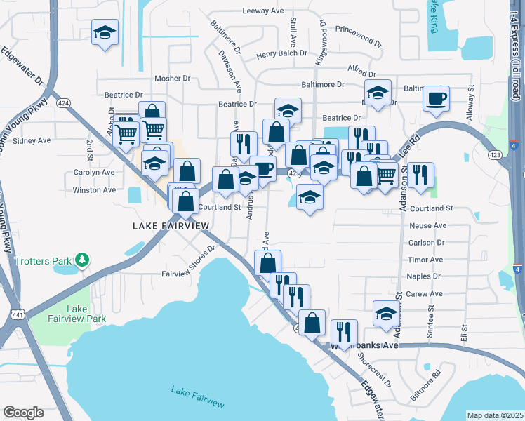 map of restaurants, bars, coffee shops, grocery stores, and more near 4730 Goddard Avenue in Orlando
