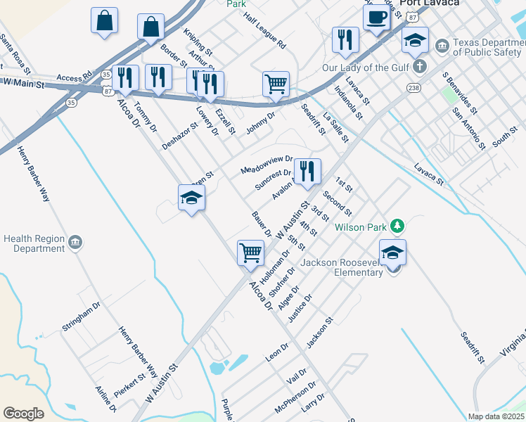 map of restaurants, bars, coffee shops, grocery stores, and more near 1620 Avalon Avenue in Port Lavaca