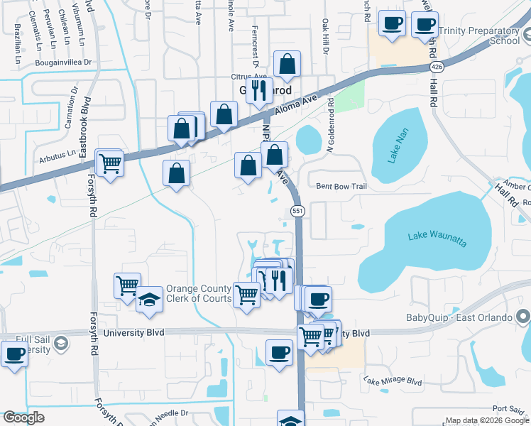 map of restaurants, bars, coffee shops, grocery stores, and more near 7490 Dwell Well Way in Winter Park