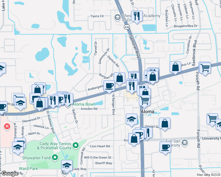map of restaurants, bars, coffee shops, grocery stores, and more near 2821 Aloma Avenue in Winter Park