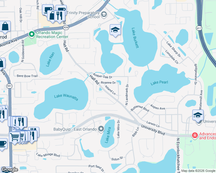 map of restaurants, bars, coffee shops, grocery stores, and more near 4363 Inland Lane in Orlando
