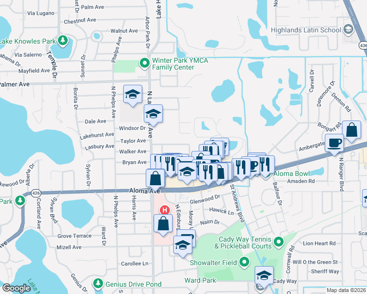 map of restaurants, bars, coffee shops, grocery stores, and more near 2019 Byron Road in Winter Park