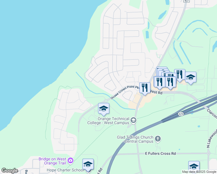 map of restaurants, bars, coffee shops, grocery stores, and more near 2335 Pesaro Circle in Ocoee