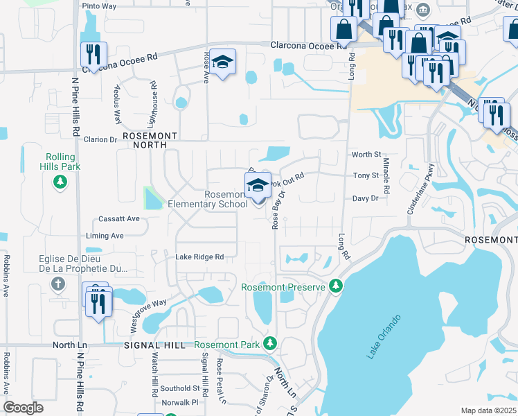map of restaurants, bars, coffee shops, grocery stores, and more near 4650 Point Look Out Road in Orlando