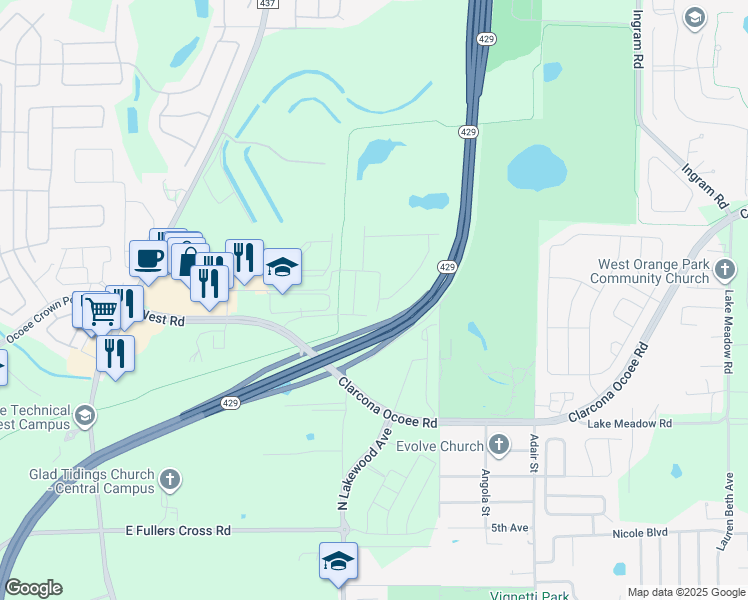 map of restaurants, bars, coffee shops, grocery stores, and more near 1004 Desert Candle Drive in Ocoee