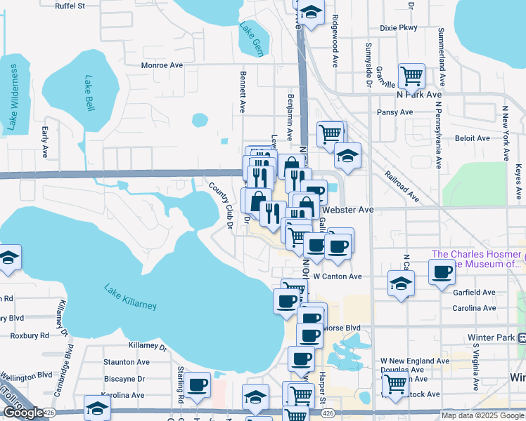 map of restaurants, bars, coffee shops, grocery stores, and more near 501 Orlando Avenue in Winter Park