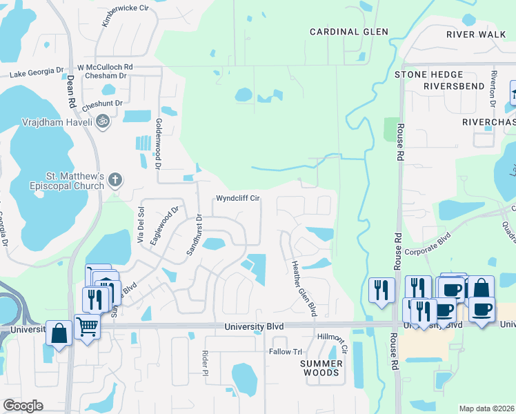 map of restaurants, bars, coffee shops, grocery stores, and more near 4373 Wyndcliff Circle in Orlando
