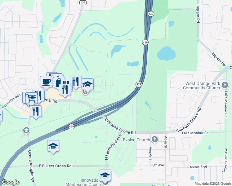 map of restaurants, bars, coffee shops, grocery stores, and more near 1004 Desert Candle Drive in Ocoee