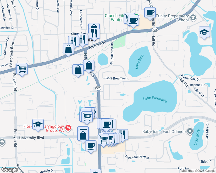 map of restaurants, bars, coffee shops, grocery stores, and more near 4435 Glenview Lane in Winter Park