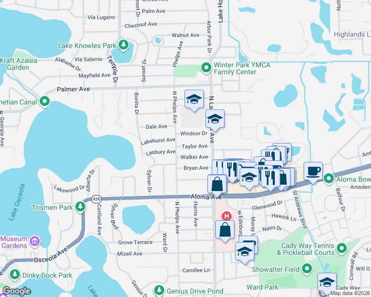 map of restaurants, bars, coffee shops, grocery stores, and more near 1771 Walker Avenue in Winter Park
