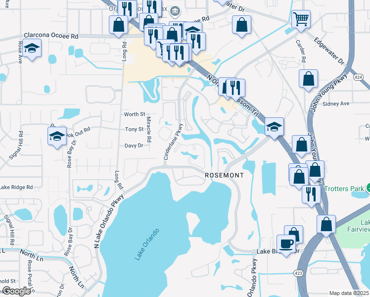 map of restaurants, bars, coffee shops, grocery stores, and more near 5175 Cinderlane Parkway in Orlando